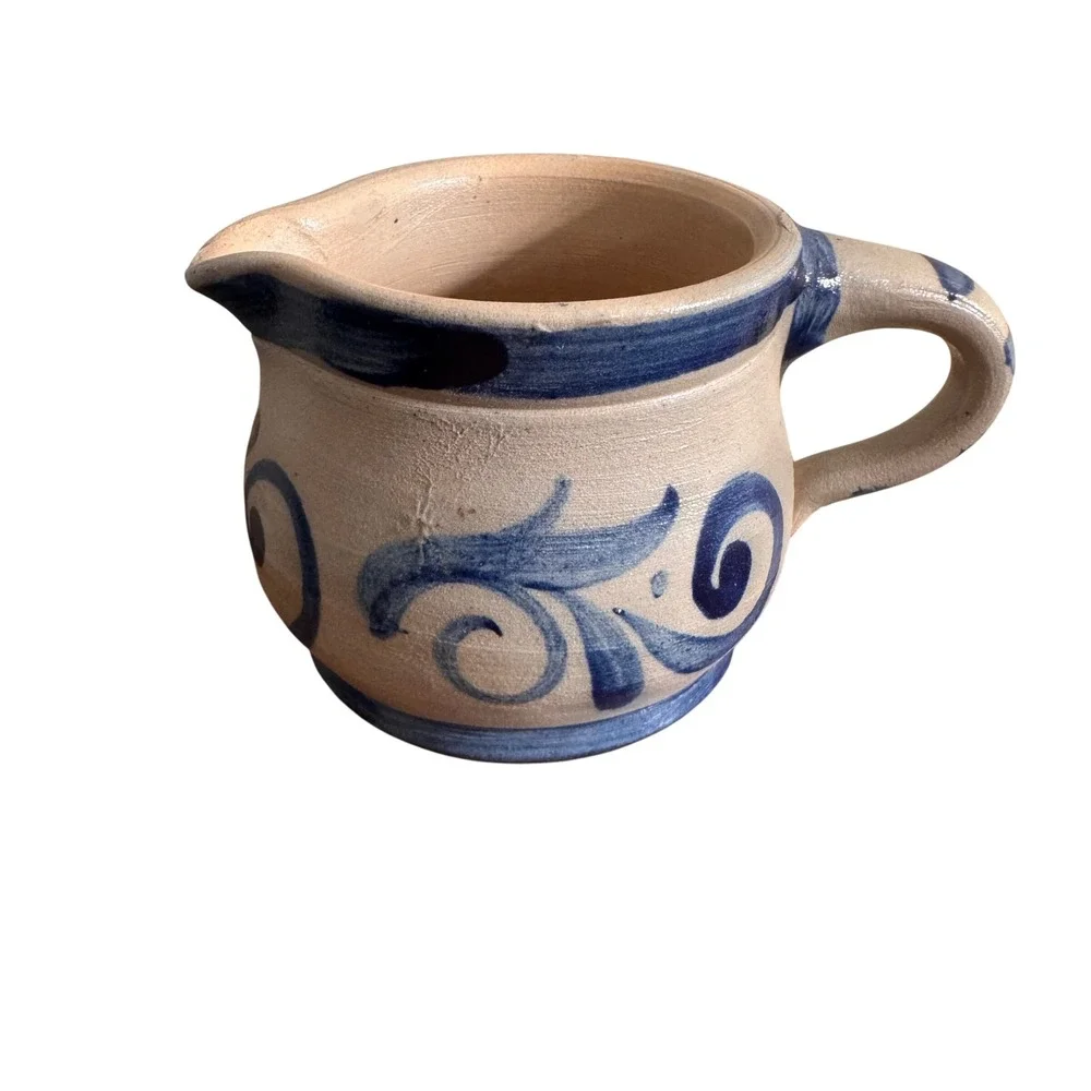 Vintage German Salt Glaze Stoneware Creamer Blue Cobalt Folk Art‎ Floral Pitcher